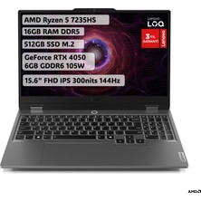 Lenovo LOQ AMD Ryzen 5 7235HS 16GB 512GB SSD RTX4050 Freedos 15.6" FHD 144Hz Oyuncu Taşınabilir Bilgisayar 83JC00H4TR