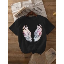 herkesemoda Melek Kanatları  Baskı  Detaylı Basic T-Shirt