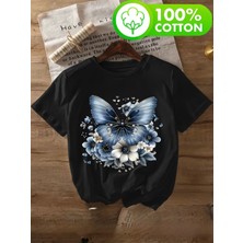 herkesemoda Kelebek ve Güller  Baskı Detaylı Basic T-Shirt