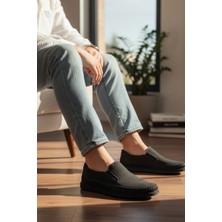 Enoch Hakiki Deri Siyah Lazer Kesim Esnek Yan Bantlı Erkek Comfort Ayakkabı