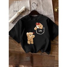 herkesemoda Ayıcık Baskı Detaylı Basic T-Shirt