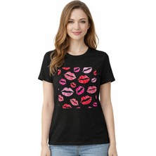herkesemoda Öpücük Desen Baskı Detaylı Basic T-Shirt