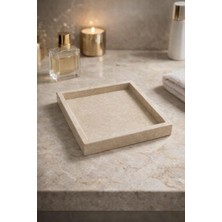 Marbello Doğal Traverten Mermer Kare Tepsi 20X20 cm | El Yapımı | Bej Taş Dekor Tepsi