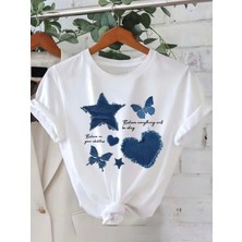herkesemoda Kalp Kelebek Baskı  Detaylı Basic T-Shirt