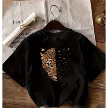 herkesemoda Leopar Kaplan Baskı Detaylı Basic T-Shirt