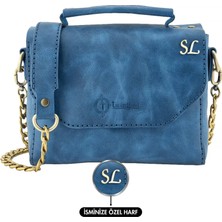 Indispensablely Isme Özel Çitçitli Zi̇nci̇rli̇ Küçük Boy El Omuz Çantasi - Deri̇ - AC03001 - Saks Mavi̇si̇