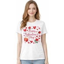 herkesemoda Happy Valentines Day Baskı Detaylı Basic T-Shirt