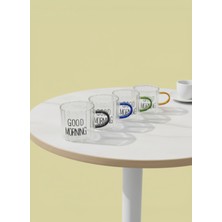 Renkli Kulplu 4'lü Good Morning Yazılı Cam Espresso, Türk Kahvesi Bardağı Seti - 95 ml