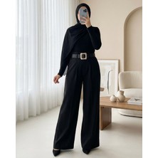 Moda Morfo Tokalı Kemerli Beli Katlamalı Bol Paça Modal Krep Pantolon  -Siyah