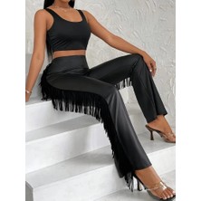 Pazarcan Kadın Yüksek Bel Yanlardan Püsküllü Deri Pantolon