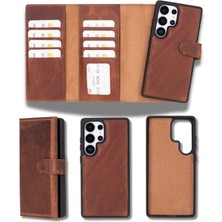 Najmaddin Samsung Galaxy S25 Ultra Uyumlu, Hakiki Deri, El Yapımı, Cüzdanlı Kılıf, Antik Kahve