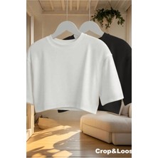 Tarz Cool Kadın Siyah Bisiklet Yaka Oversize Crop Tişört - %100 Pamuklu Basic Kısa Kol
