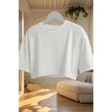 Tarz Cool Kadın Siyah Bisiklet Yaka Oversize Crop Tişört - %100 Pamuklu Basic Kısa Kol