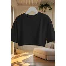 Tarz Cool Kadın Siyah Bisiklet Yaka Oversize Crop Tişört - %100 Pamuklu Basic Kısa Kol