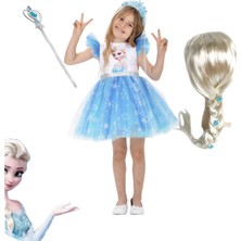 3b Kids Elsa Anna Karlarülkesi Kostüm Elbise + Elsa Peruk + Elsa Taç - Asa  Seti Doğum Günü
