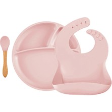 Oioi Bambu Kaşıklı Silikon Beslenme Seti - Pinky Pink (Mama Önlüğü, Tabak, Bambu Kaşık)