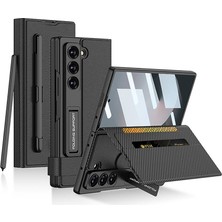 Giz Story Galaxy Z Fold 6 Suni Deri Tasarımlı Kalem Bölmeli Gzst Kıpta Kartlıklı Standlı Kapak-Siyah Litchi