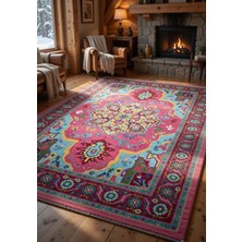 Kilim Home Fuşya Turkuaz Bohem Vintage Desenli Salon Halısı – Eskitme Görünümlü Etnik Halı