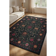 Kilim Home Kaymaz Tabanlı Klasik Siyah Halı - Lüks Çiçekli Pers Desen