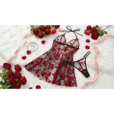 D Lingerie Noire Romance Flowers Transparan Babydoll Gecelik DM1319