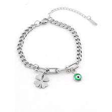 The Originals 316L Çelik Yonca ve Nazar Boncuğu Figürlü Kadın Gümüş Renk Zincir Bileklik