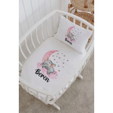 Lilabio Isme Özel %100 Pamuk Lastikli Park Yatak Çarşaf Seti (60X120) Pembe Fil