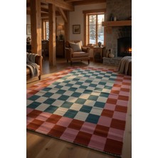 Kilim Home Kaymaz Tabanlı Modern Ekose Halı - Pembe Turuncu Yeşil Kareli