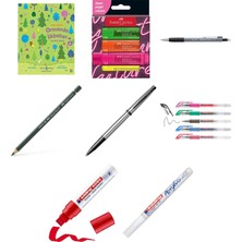 Faber-Castell Fosforlu Kalem Seti, 4’lü, Şeffaf Renkler, Su ... +7 Parça Fırsat Seti
