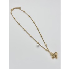 The Originals Kadın Çelik Toplu Zincirli Incili Motif Kelebek Figürlü Gold Renk Kolye 45 cm