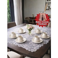 Airobazar 6 Kişilik Porselen Kahve Fincan Takımı – Bakır Cezve Hediyeli Dalga Desenli Porselen Fincan Seti