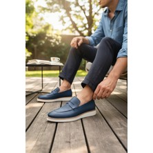 Enoch Hakiki Deri Lacivert Mikro Dokulu Beyaz Tabanlı Erkek Loafer