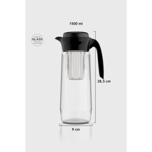 Renga Daisy 1500 ml Siyah Kapaklı Süzgeçli Gravürlü Detoks Cam Sürahi 111025