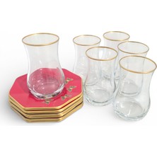 Sudedi Home 6 Kişilik Çay Bardağı ve Kırmızı Altıgen Çay Tabağı Seti