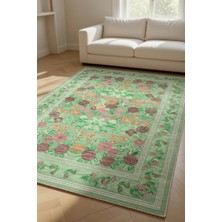 Kilim Home Vintage Çiçek Desenli Kaymaz Taban Halı – Yeşil Pastel Dekoratif Model