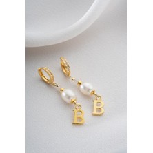 Two Arts Kadın 925 Ayar Gümüş Küpe Inci Harf Sallantılı Küpe | 14 Ayar Altın Kaplama