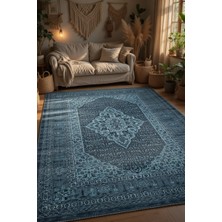 Kilim Home Kaymaz Tabanlı Klasik Mavi Halı - Lüks Medallion Pers Desen