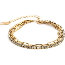 The Originals 316L Çelik Zirkon Taşlı Çoklu Zincir Bileklik Gold Renk