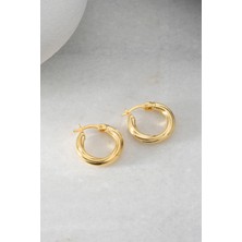 Two Arts Kadın 925 Ayar Gümüş Çift Katmanlı Sade Halka Küpe | 14K Altın Kaplama | Hediye Kutusunda