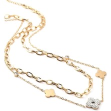 The Originals 316L Çelik Yonca Figürlü Zirkon Taşlı Ikili Gold Renk Kolye 45CM