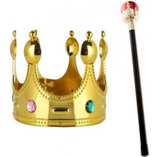 Zero Land Storozde Çocuk Boy Altın Renk Kral Tacı ve Kırmızı Topuzlu Kral Asası