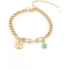 The Originals 316L Çelik Yonca ve Nazar Boncuğu Figürlü Kadın Gold Zincir Bileklik