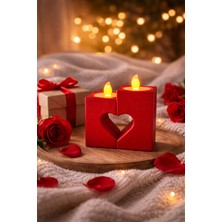 Serüven Birleşen Kalp Tasarımlı LED Mumluk Seti – 2 Parça Dekoratif Kırmızı Mumluk, Sevgililer Gününe Özel (10X9CM)