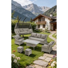 Btk Concept Datça 7 Kişilik Rattan Bahçe Mobilyası ve 2 Kişilik Rattan Salıncak Seti - Gri