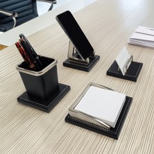 Prozenis PR47063 Lüks Siyah Ofis Masa Seti 4 Parça - Krom Detaylı Yönetici Kalemlik, Telefon Standı, Notluk ve Kartvizitlik