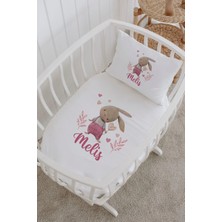 Lilabio Isme Özel %100 Pamuk Lastikli Park Yatak Çarşaf Seti (60X120) Pembe Dallı Tavşan