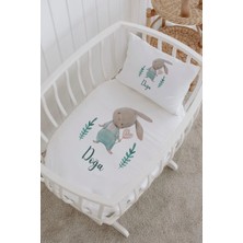 Lilabio Isme Özel %100 Pamuk Lastiksiz Park Yatak Çarşaf Seti (100X120) Yeşil Tavşan