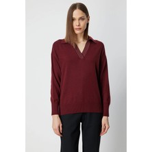 On Fashion Kadın Yakası Zincirli Polo Yaka Bordo Kazak 66336