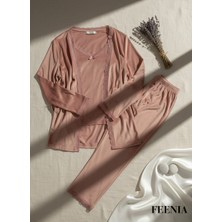 Feenia Veloursy Gül Kurusu Kadife Sabahlıklı Kuşaklı Kadın Üçlü Pijama Takımı