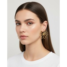 Fm Kadın Antik Gold/gümüş Renk Seçeneğiyle Kaplama Zamak Küpe -Modern Sanat Serisi - 6.5 cm Büyük Boy Çiçek Formlu Tasarım Küpe
