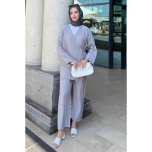 Tesettür Diyarı Mivan Ikili Yazlık Kimono Takım-Gri
